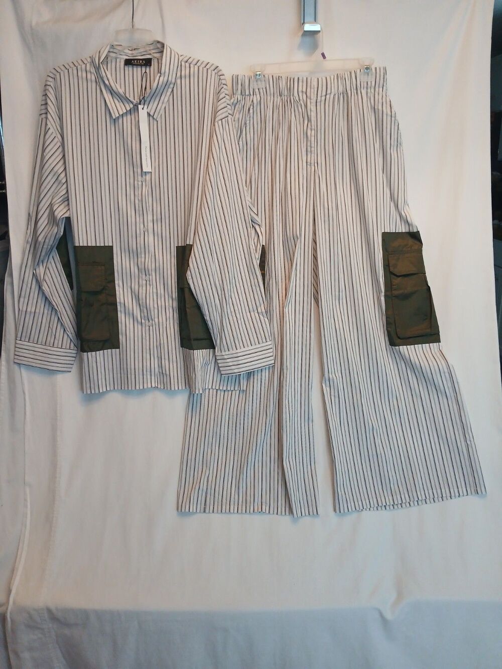 White & Olive Green Satin Cargo Pant & Button Front Shirt Set New! 2X / XL